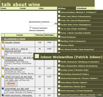 Screenshot von talk-about-wine.de mit geöffneten Weblog-Verzeichniss